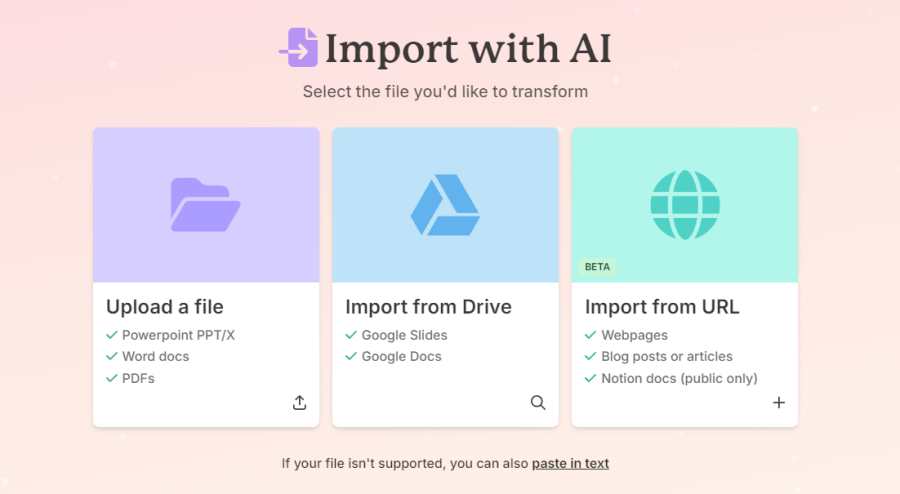 Gamma ai : how to import files, slides, docs and links to transform them.