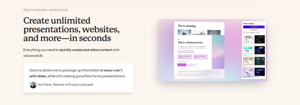 Gamma AI :  It helps you create beautiful presentations, documents and websites